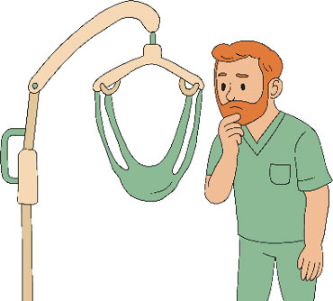 Illustratie van een zorgmedewerker bij een passieve tillift met tilband, gericht op veilig verplaatsen van cliënten en ergonomisch werken tijdens transfers in de zorg.