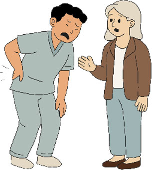 Illustratie van een man met rugpijn, als voorbeeld van fysieke belasting en het belang van ergonomisch en veilig handelen bij transfers in de zorg.